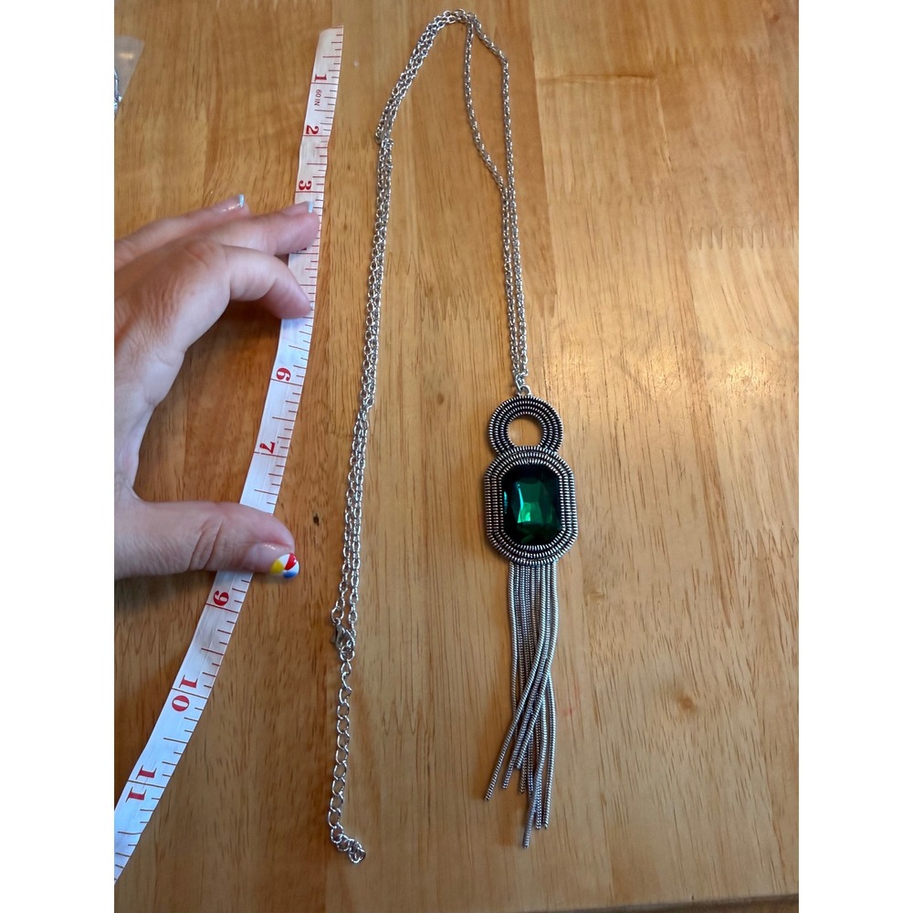 Silver Tone Long Tassel Necklace Emerald Green Stone Statement Boho Pendant